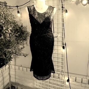 Royal Queen Black‎ Sequined Party Beaded  V Neck Sleeveless Evening Gown Size 14